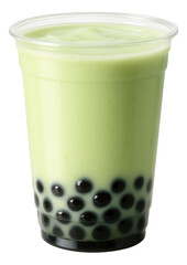 Plastic cup of honeydew bubble tea with light green color and a cluster of tapioca pearls