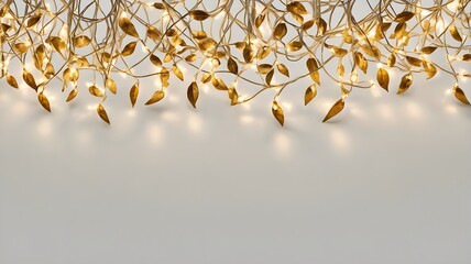 Golden Leaf String Lights Border on Neutral Background