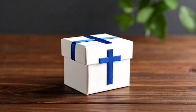 White gift box with a blue ribbon and cross