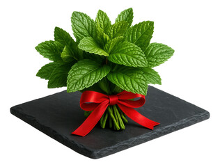 Fresh mint sprigs tied with a red ribbon, laid on a slate serving tray.