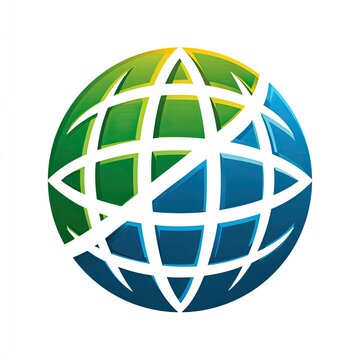 A classic globe logo with latitude lines green and blue eco-conscious and international isolated on white background