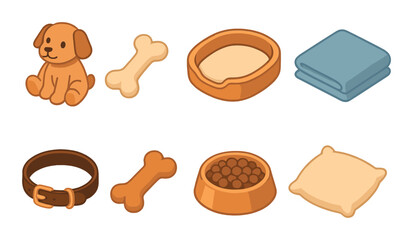 Cute cartoon pet accessories collection with puppy, bones, and bowls