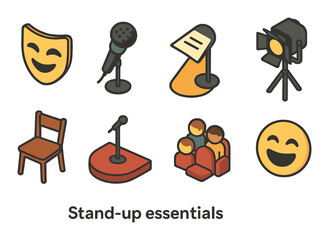 Stand-up comedy essentials: microphone, spotlight, stage, audience, comedy icons