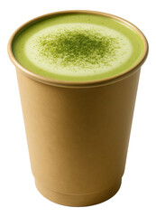 Sturdy to-go cup with a hot matcha green tea latte, capped with a dusting of matcha powder
