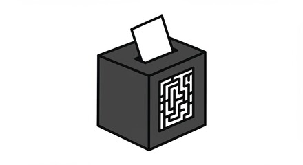 Abstract dark box with maze pattern and paper slot symbolizing choice and decision