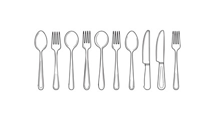 A row of cutlery including spoons forks and knives in a simple line drawing silhouette