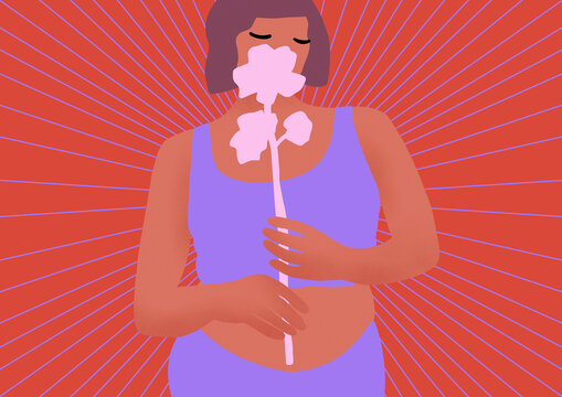 Woman embracing self care and healing. She is holding  pink flower eyes gently closed in calmness