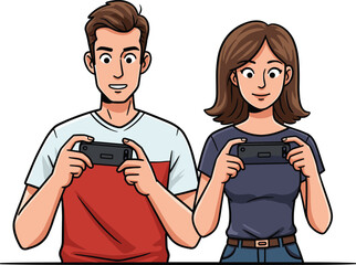 Cartoon gamers illustration, friends playing mobile games, handheld gaming devices, social interaction