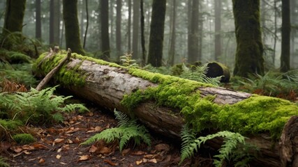 Moss-covered log in a misty forest surrounded by lush ferns and towering trees, creating a serene atmosphere