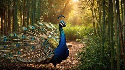 Majestic peacock displaying its vibrant feathers amidst a serene bamboo forest at sunrise