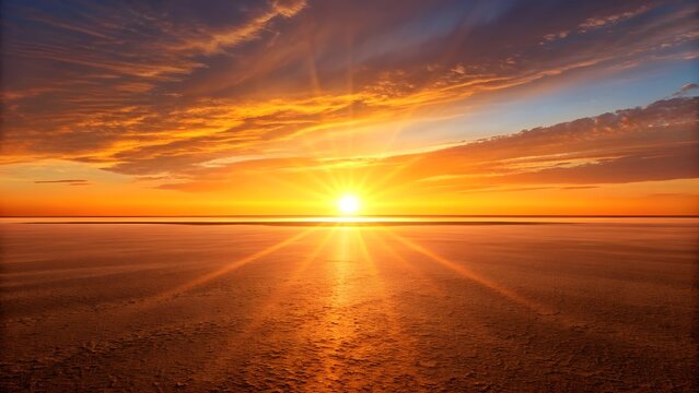 Vibrant sunset over a calm ocean with dramatic clouds and sunbeams