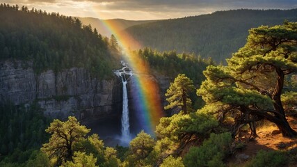 Majestic waterfall cascading down rocky cliffs, framed by lush greenery and a vibrant rainbow