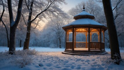 Cozy wooden gazebo illuminated at dusk in a snowy forest, creating a serene winter atmosphere