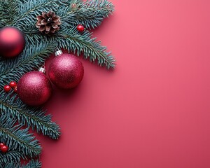 Christmas ornaments and pine boughs on a crimson background