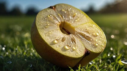 Freshly cut apple half resting on dew-covered grass in a sunny park, showcasing vibrant colors and texture
