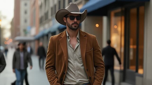 Stylish man with cowboy hat and sunglasses confidently walking down city street