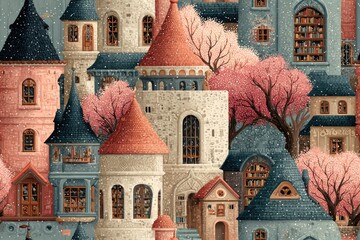 Fabric texture seamless pattern background Patchwork Storybook Tales Stitched-together scenes from fairy tales in a vintage storybook aesthetic