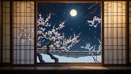 Serene Lunar Night with Snow and Flowers, Framed Composition