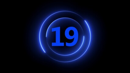 Blue neon number 19 inside concentric circles on black background nineteen numeral