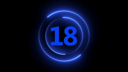 Blue neon number 18 inside concentric circles on black background eighteen numeral
