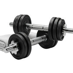 Naklejka premium Two premium adjustable dumbbells, black cast iron and chrome, with a white gym towel on a transparent background, studio lighting, high-end fitness equipment concept