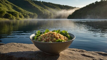 Freshly prepared salad bowl on a rocky shore with a serene lake and misty hills in the background