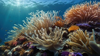 Vibrant underwater scene showcasing colorful coral reefs and sea anemones with sunlight filtering through