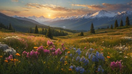 Scenic view of vibrant wildflowers in a lush valley with majestic mountains at sunset