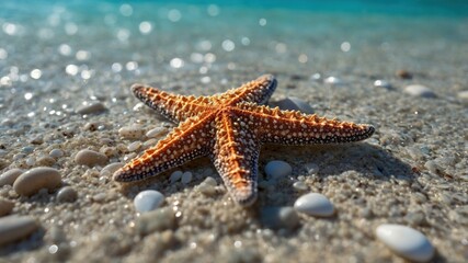 Close-up of a vibrant orange starfish resting on sandy beach with gentle waves in the background