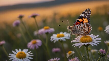 Colorful butterfly perched on a daisy in a vibrant meadow during sunset, showcasing nature's beauty