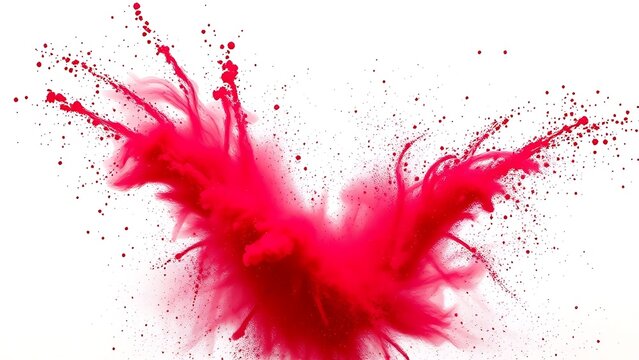 Vibrant red Holi powder explosion captured dynamically against a white background.