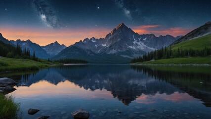 Majestic mountain landscape at twilight reflecting on calm lake under a starry sky with trees