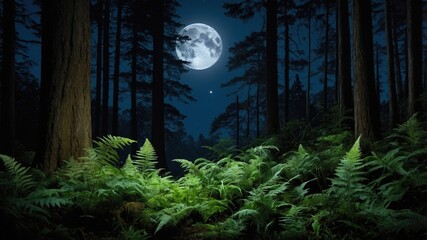 Serene moonlit forest scene with lush ferns and towering trees under a bright full moon