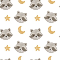 Seamless watercolor pattern with cute raccoon character for baby nursery kids textile children products fabric and decoration