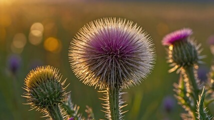 Close-up of vibrant thistle flowers illuminated by sunlight in a lush green field at sunset