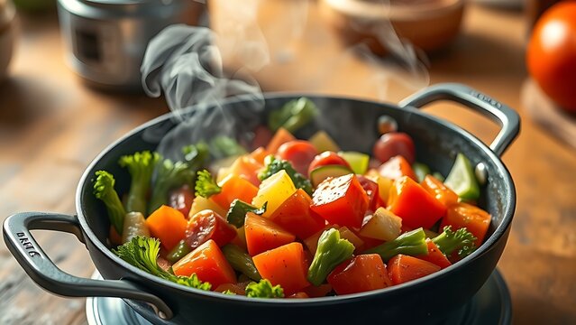 Fresh vegetables sizzling in a pan with steam rising, showcasing rustic kitchen charm.