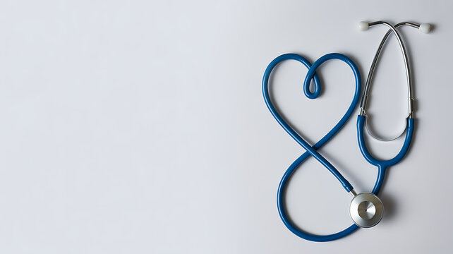A blue stethoscope arranged in the shape of a heart on a white background