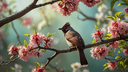 A striking bird perched on a blossoming branch amidst vibrant pink flowers in a serene garden