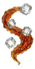 A stream of soda enveloping ice cubes, bubbles bursting forth.