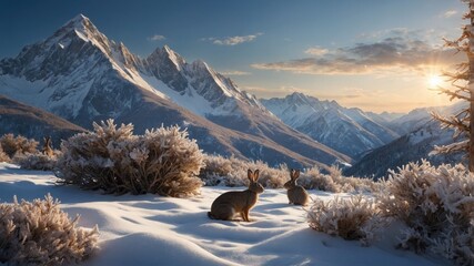 Two rabbits sit peacefully in a snowy landscape, with majestic mountains and a sunset in the background