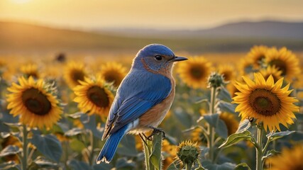 A vibrant bluebird perched on a sunflower amidst a golden field at sunset, evoking tranquility