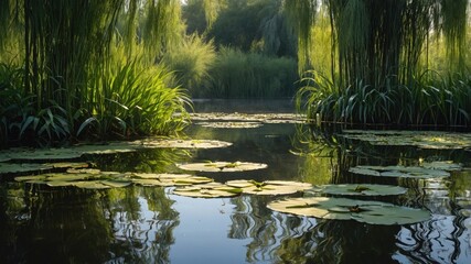 Serene pond surrounded by lush greenery and tall willows, reflecting sunlight in a tranquil setting