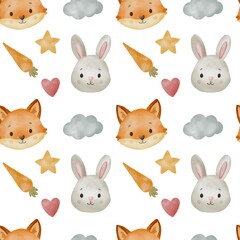 Seamless watercolor pattern with cute fox and bunny rabbit characters for baby nursery design kids textile wrapping paper products