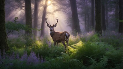 Majestic deer standing amidst lush ferns in a misty forest with sun rays piercing through trees