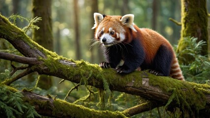 A red panda gracefully climbs a moss-covered tree in a serene forest, surrounded by lush greenery