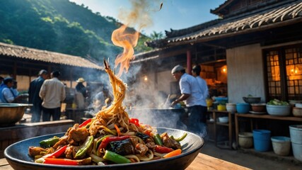 Vibrant stir-fried noodles with colorful vegetables and flames, set in a bustling outdoor kitchen