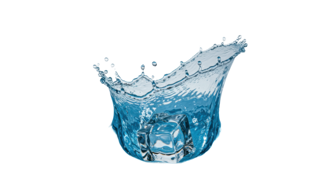 Clear ice cube plunging into cerulean water, powerful splash, sculpted arc, suspended droplets on transparent. Concept of refreshing purity