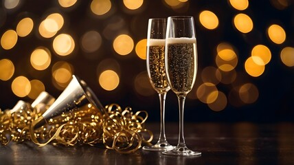 Two Champagne Flutes with Bubbles and Golden Bokeh