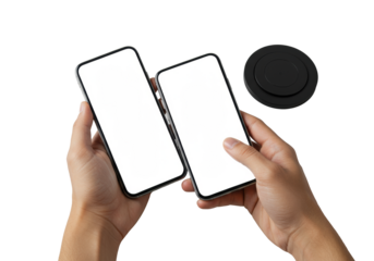 Clean adult human hands elegantly grasping modern smartphones with glowing white screens and a wireless charging pad, isolated on a transparent background, highlighting sleek design. Concept for tech