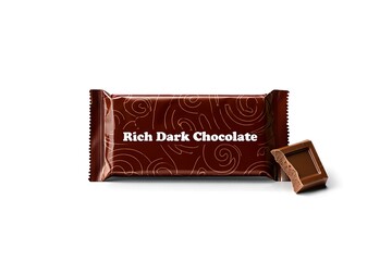 Delicious bar of rich dark chocolate with one broken square on white background